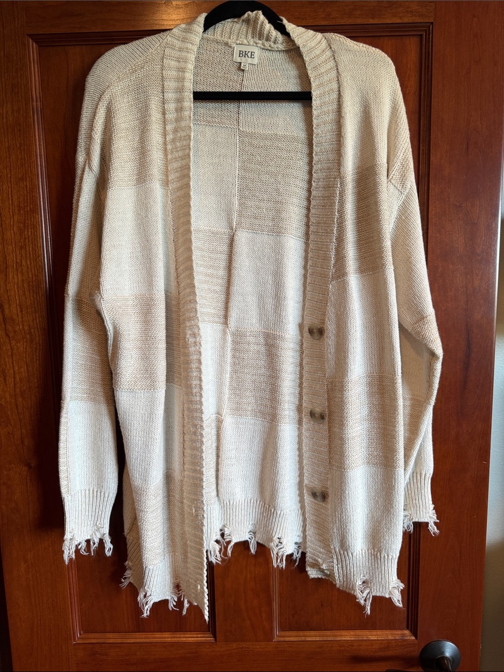 BKE Cream Distressed Open-Front Knit Cardigan